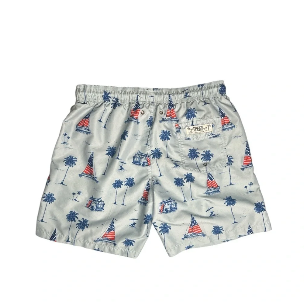 Free Planet Men's Swim Trunks with Palm Tree and Sailboat Print